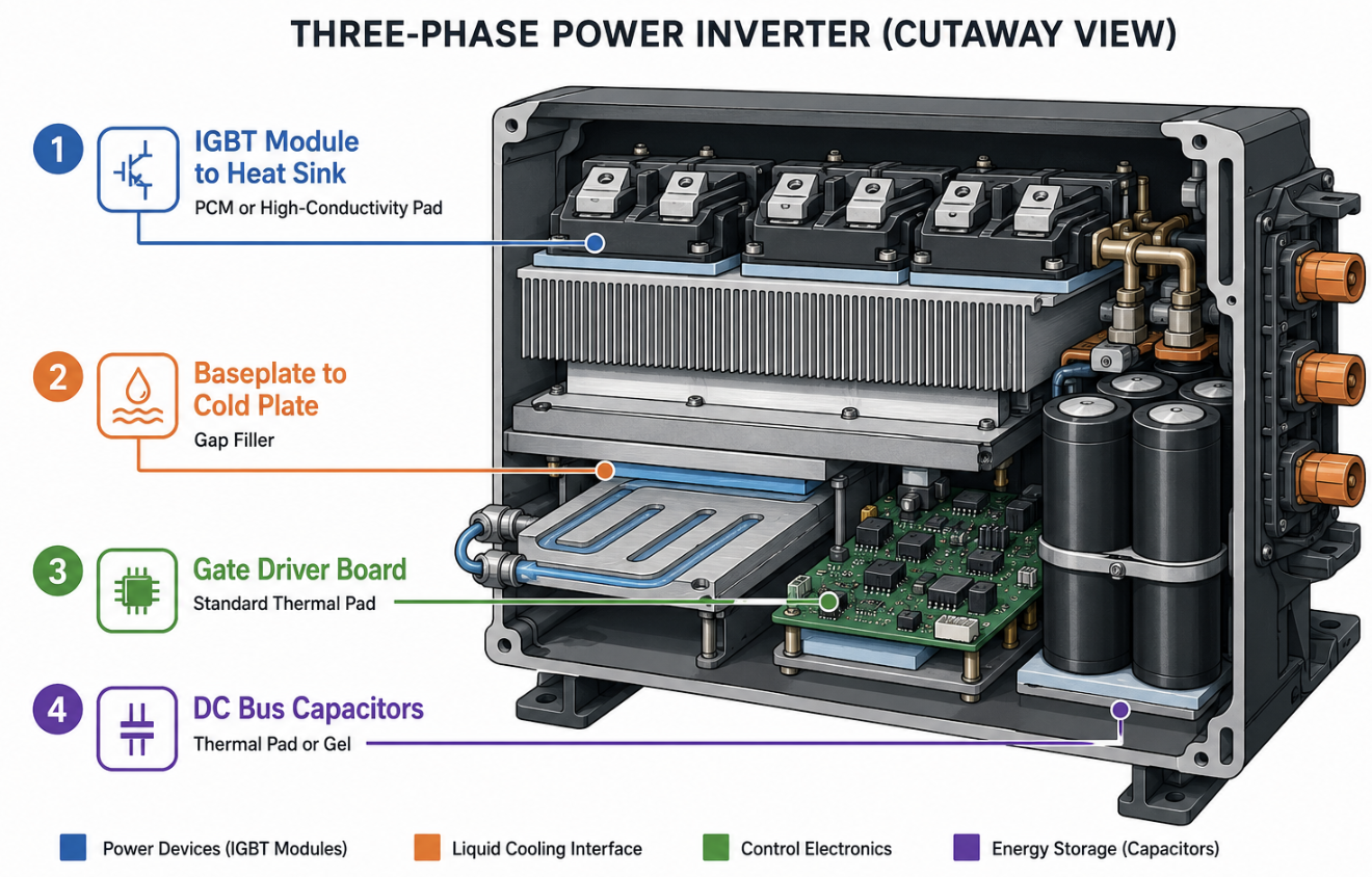 IGBT power modules with thermal pad applied to heat sink inside industrial power inverter assembly IGBT power modules with thermal pad applied to heat sink inside industrial power inverter assembly