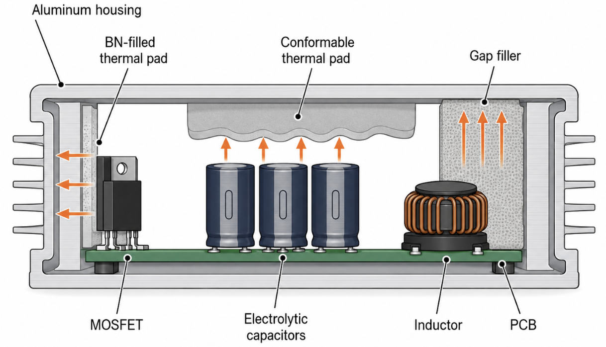 Silicone thermal pad applied between power components and aluminum housing inside industrial LED driver assembly