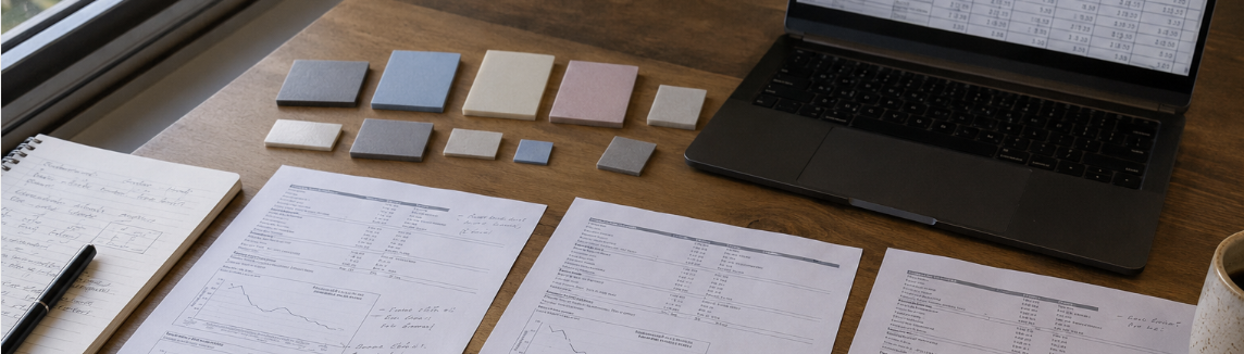 Thermal interface material supplier evaluation setup with pad samples, datasheet, caliper and comparison checklist on desk Thermal interface material supplier evaluation setup with pad samples, datasheet, caliper and comparison checklist on desk