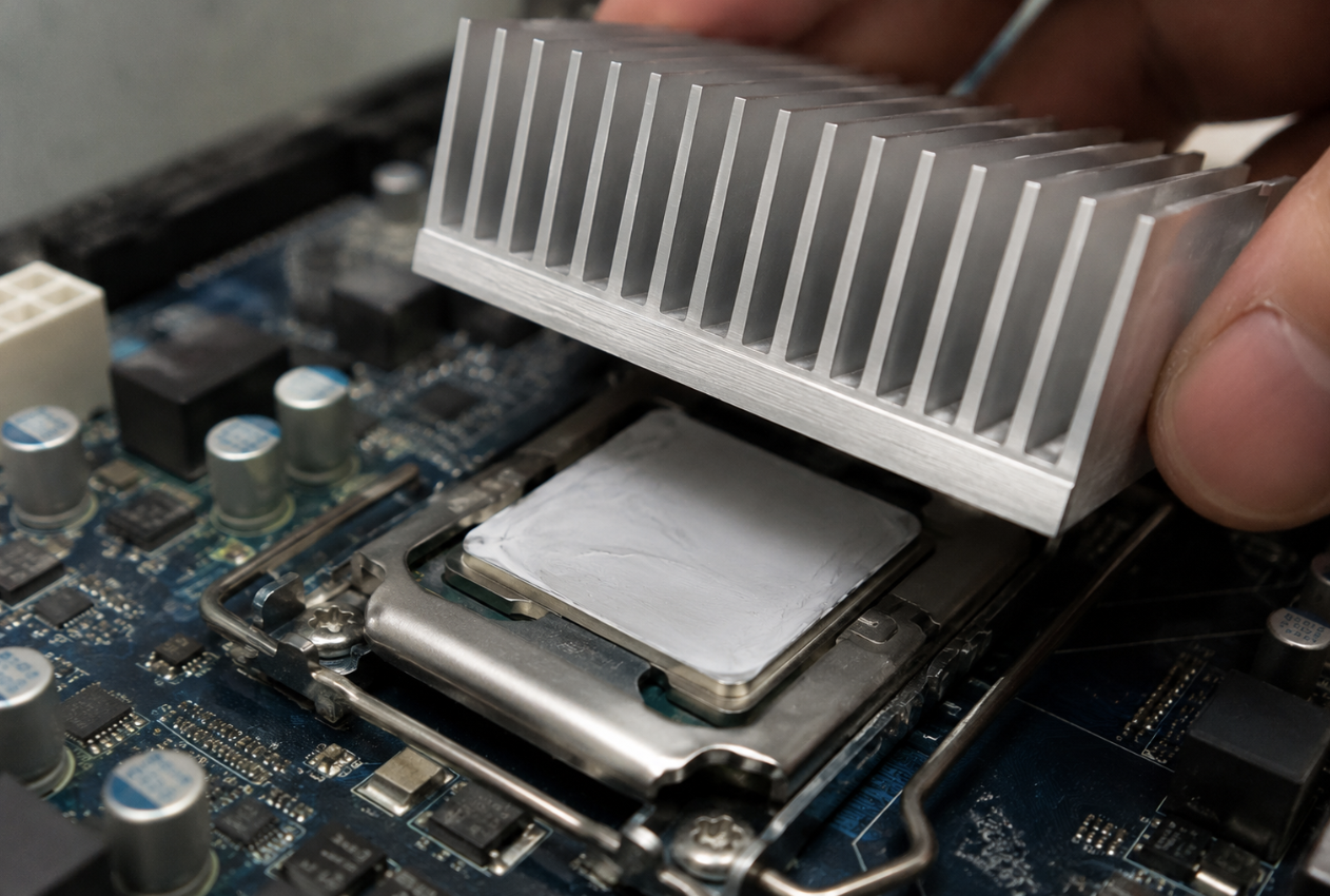 Open electronic enclosure showing heat sink, fan, and PCB components Open electronic enclosure showing heat sink, fan, and PCB components