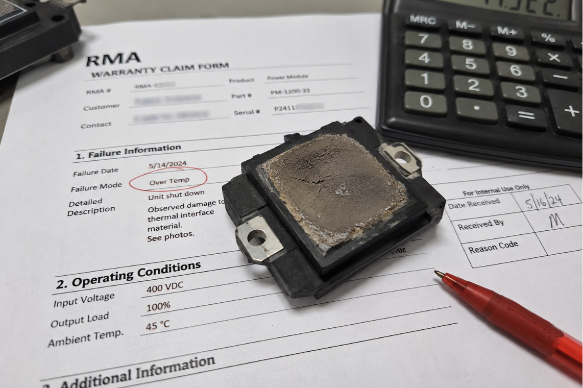 Technician inspecting a thermally damaged component from a field failure Technician inspecting a thermally damaged component from a field failure